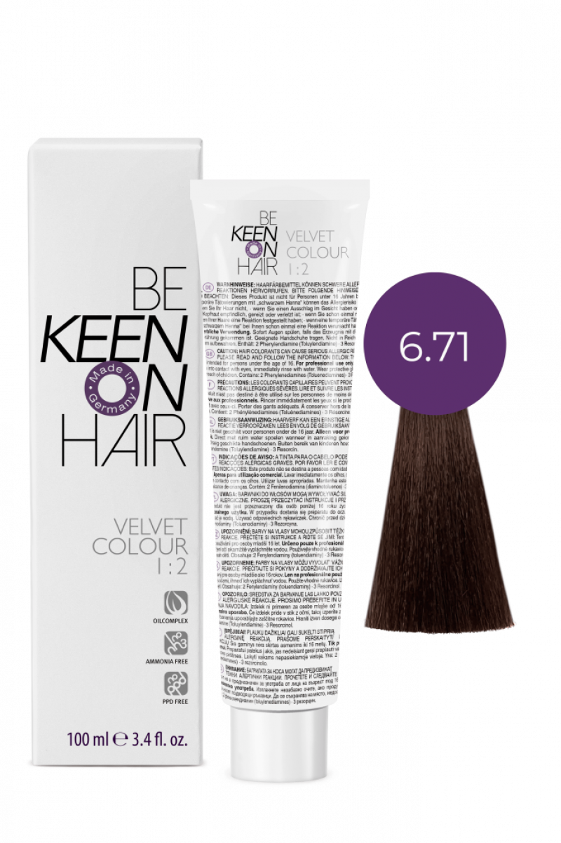 KEEN Крем-краска без аммиака VELVET COLOUR 6.71 Табак/ Dunkelblond Braun-Asch (Tabak), 100 мл