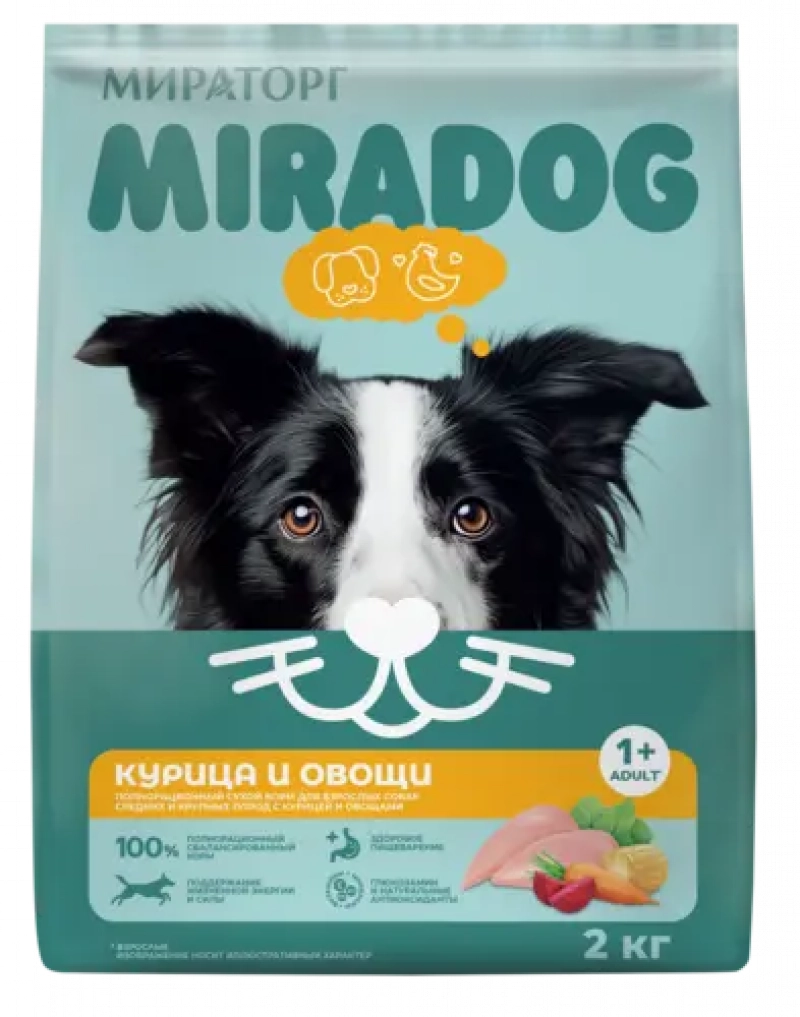Мираторг Miradog сухой корм с курицей и овощами для взрослых собак средних и крупных пород, 2 кг