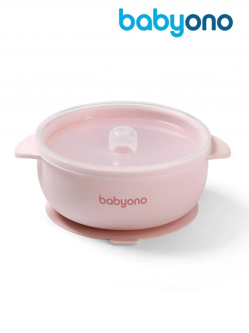 Babyono Бэбионо Миска детская силиконовая, с присоской, ручками и крышкой, розовая, 6 мес.+