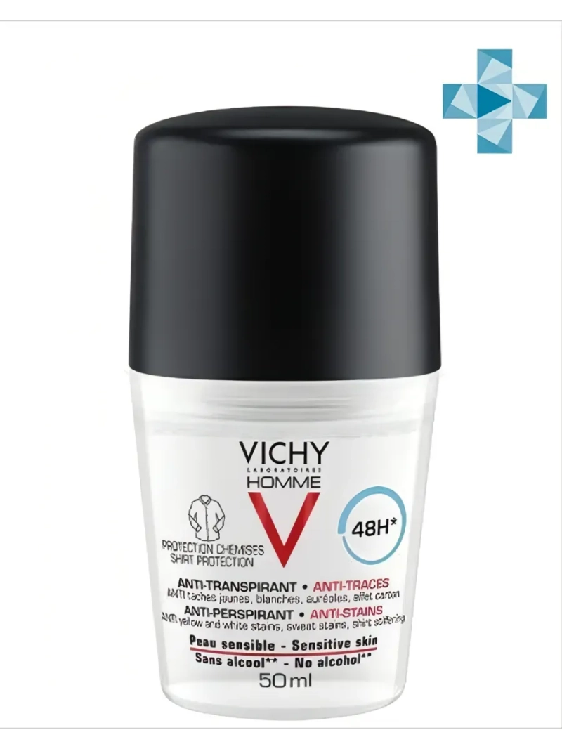 Дезодорант шариковый Виши Homme Против пятен 48 ч, 50 мл